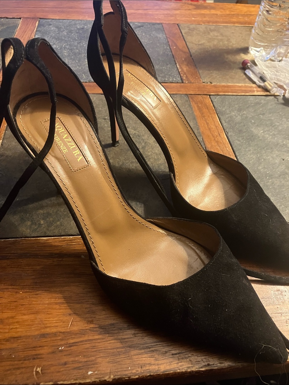 Aquazzura Black Suede Pointed-Toe Slingback Heels